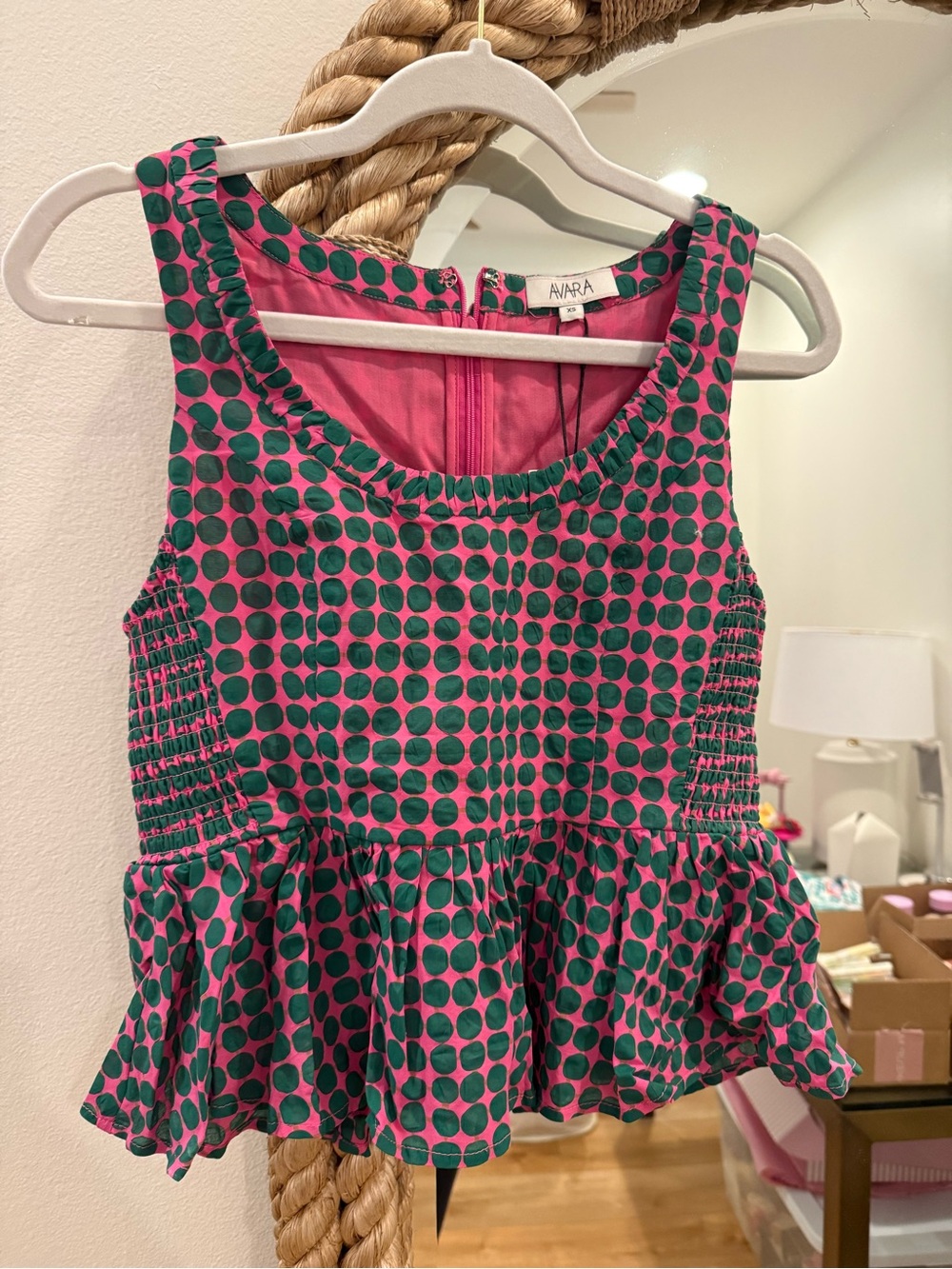 Avara Pink & Green Polka Peplum Tank Top